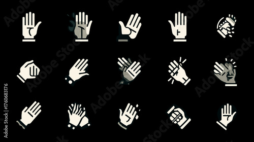 Collection of stylized hand gesture icons representing various actions and emotions.
