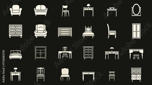 Collection of various furniture pieces in white silhouette on a dark background.