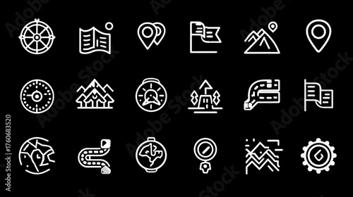 Collection of White Line Art Travel and Navigation Icons on Black Background.