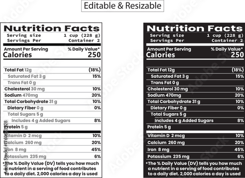Nutrition facts label examples white and black background for food product information