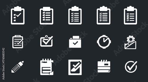 Collection of white vector icons representing various aspects of task management and organization.