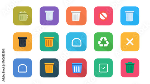 Colorful set of trash can and recycling vector icons.
