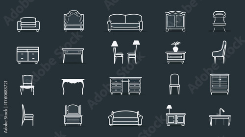 Elegant vintage furniture collection vector line art set.