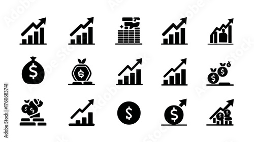 Financial Growth and Investment Icons Set with Upward Trends and Money Symbols.