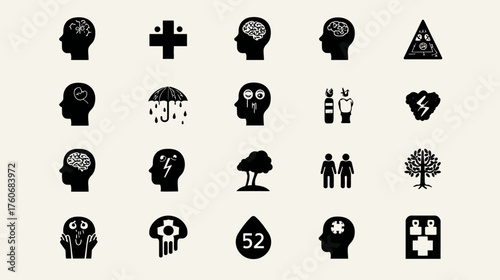 Mental health and psychology icons set for medical and psychological concepts.