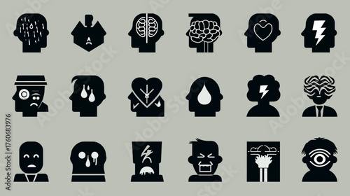 Mental health icons representing various emotional states and conditions.