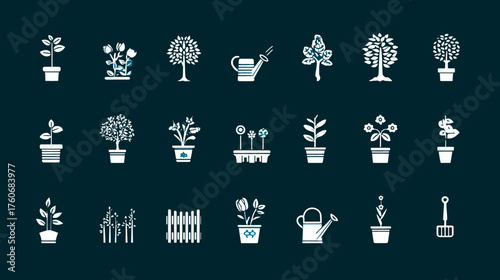 Minimalist white icons of plants trees and gardening tools.