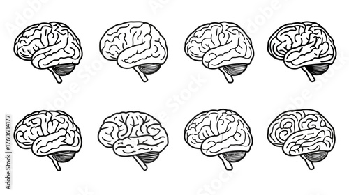 Set of eight hand drawn human brain illustrations in vintage engraving style.