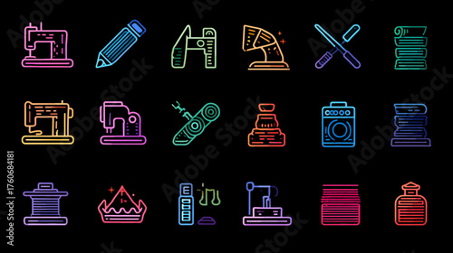 Set of Glowing Neon Icons for Tailoring and Fashion Design.