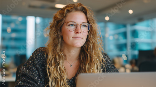 plus size female professional working on laptop at modern desk