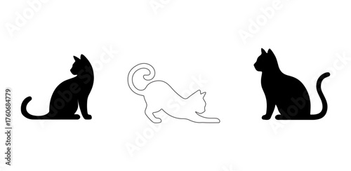 Cat Silhouette pet, feline, animal, black and white, outline, icon set