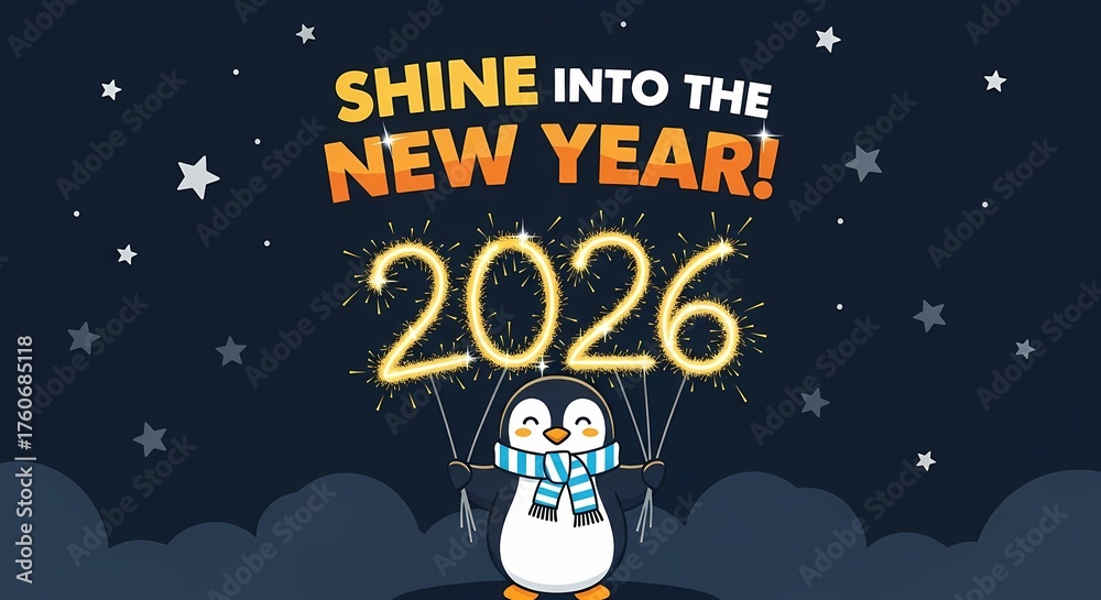 Fototapeta premium Penguin with sparklers wishes a shiny new year 2026 on dark background