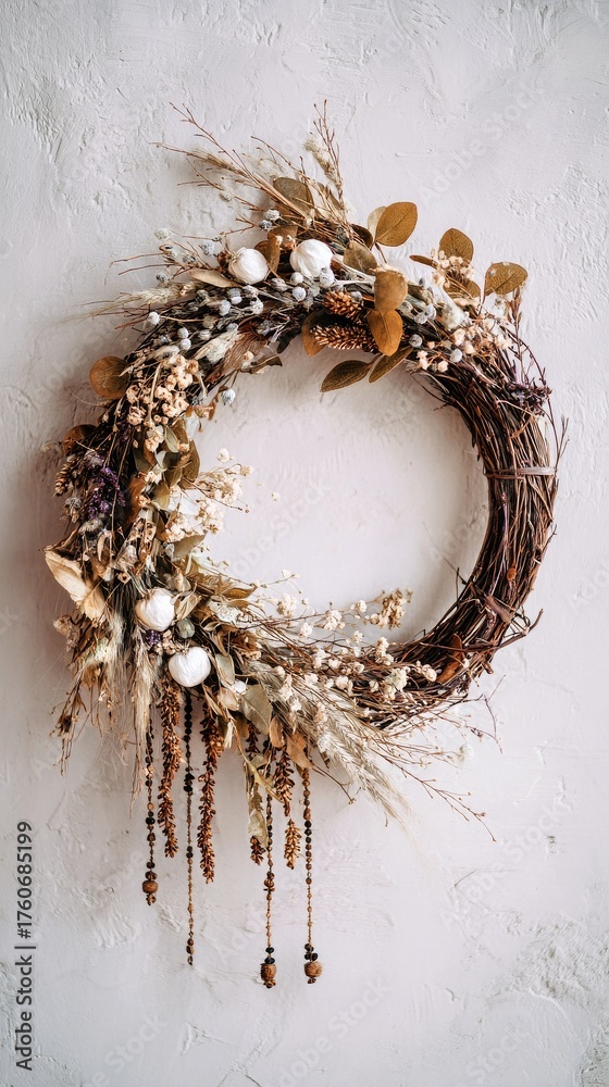 Fototapeta premium Decorative Dried Flower Wreath on a Light Textured Wall Indoors