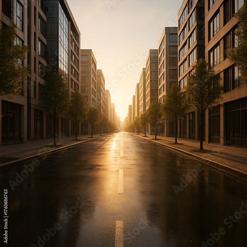 Empty Modern City Street at Sunrise After Rain