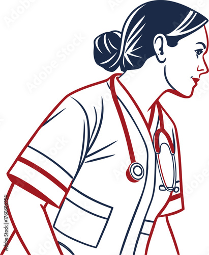 Simple line icon depicting a female healthcare professional in uniform