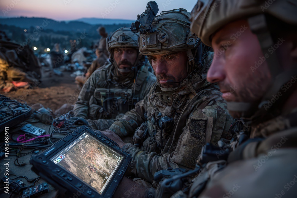 Fototapeta premium Three soldiers focused on tactical planning with a digital map at dusk.