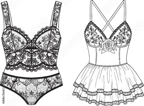 Lingerie fashion illustration with lace bodysuit and babydoll design