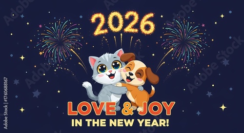 Cute cartoon cat and dog celebrating new year 2026 with fireworks