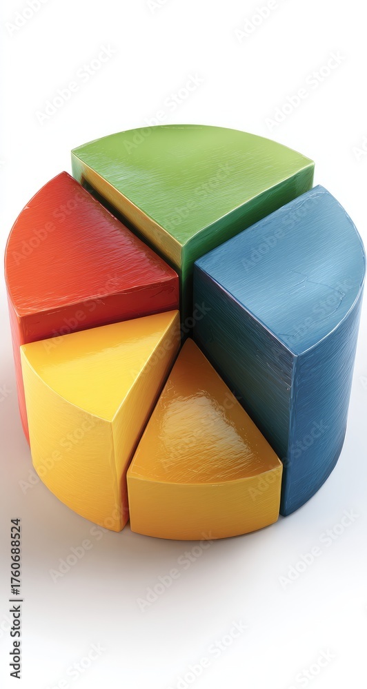 Obraz premium Colorful pie chart graphic, 3D effect, segments of red, yellow, green, blue