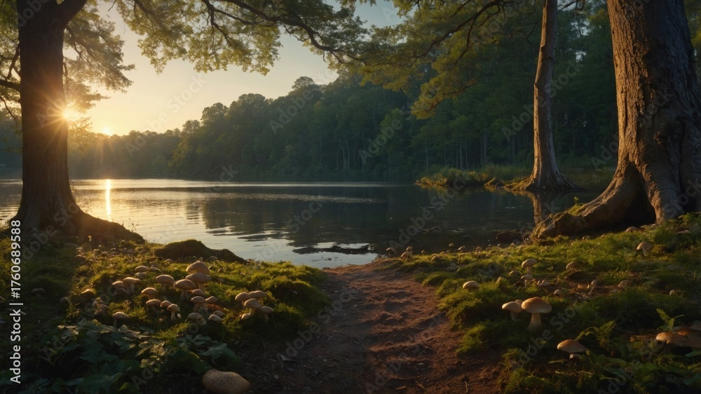 Naklejka premium Serene lakeside scene at sunset with lush greenery, mushrooms, and a tranquil atmosphere