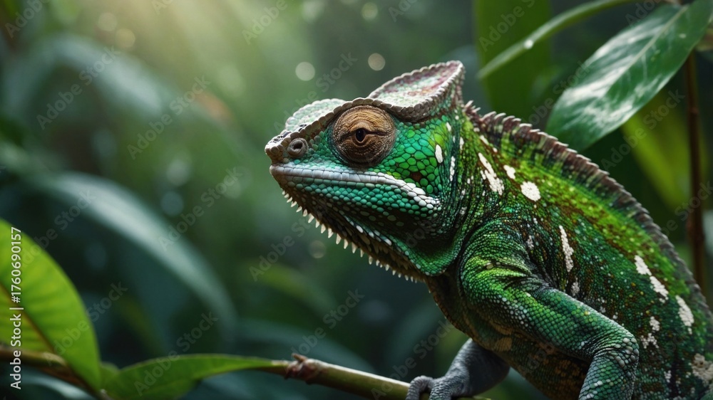 Fototapeta premium Colorful chameleon perched on a branch amidst vibrant green foliage with soft sunlight filtering through