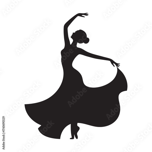 Classical Dancer Silhouette Vector Woman in High Ballet Pose with Full Flowing Dress