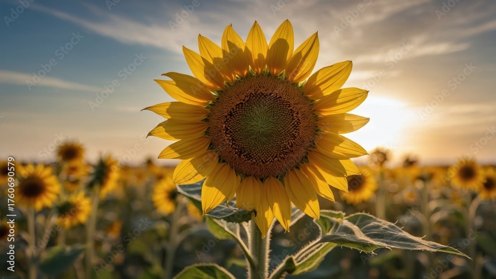 Obraz premium Vibrant sunflower stands tall in a golden field at sunset, symbolizing nature's beauty and growth