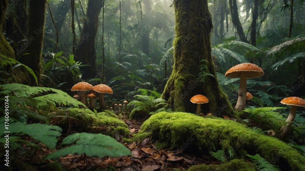 Obraz premium Lush forest scene with vibrant mushrooms growing on mossy ground, surrounded by dense greenery