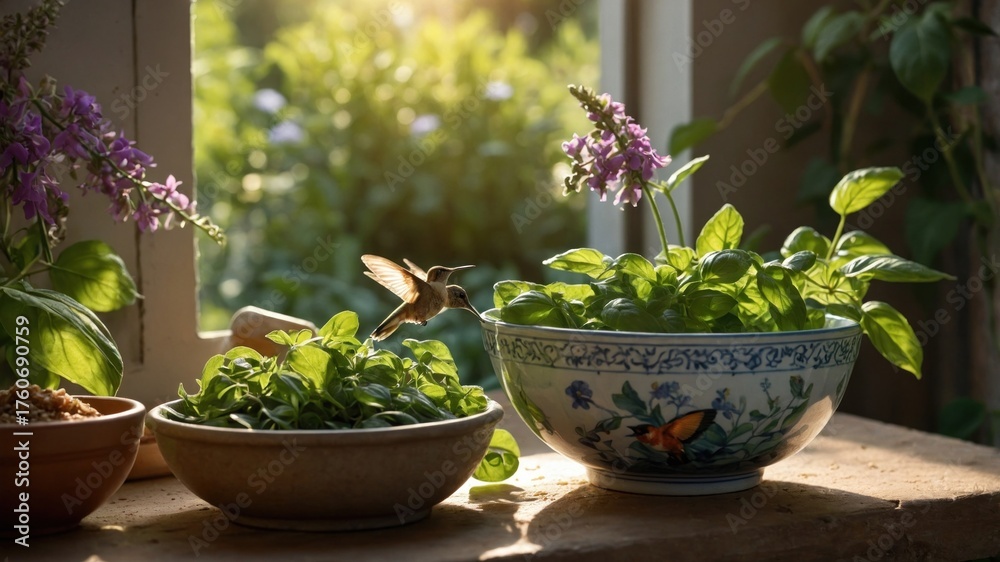 Naklejka premium Hummingbird hovering near vibrant herbs in a sunlit kitchen, surrounded by blooming flowers