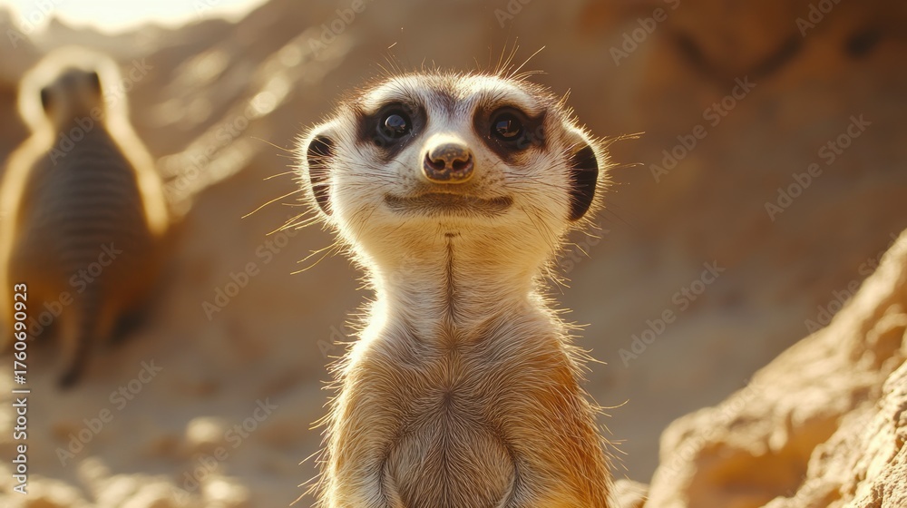 Fototapeta premium Curious Meerkat Portrait in Natural Habitat with Soft Lighting and Earthy Tones for Nature Photography