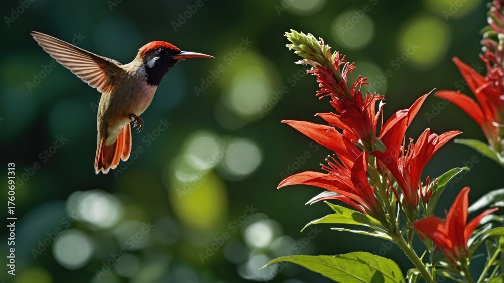 Naklejka premium Vibrant hummingbird hovering near bright red flowers in a lush, green garden setting
