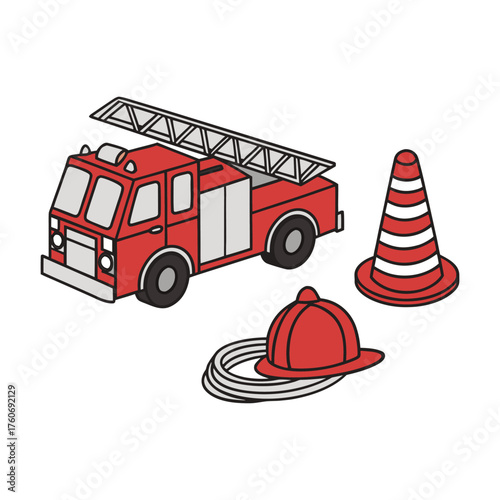 Fire truck, helmet, hose and cone on white background Keywords: fire truck, fire engine, ladder