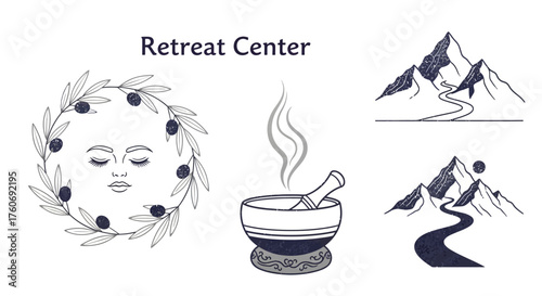 Elegant meditation vector elements with olive branch wreath, singing bowl, and mountain path for retreat center branding