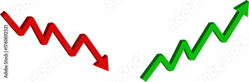 Green up and red down 3d arrow graph showing rising, descending trend, business result, profit or loss symbol symbol. Business arrow, goals concept. 3d world money symbols. Financial growth vector