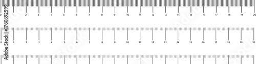 Ruler scale with markings and numbers in Inch centimeters and millimeters units, measuring metric scale. Graduated ruler vector illustration on a white background. Various measurement scales