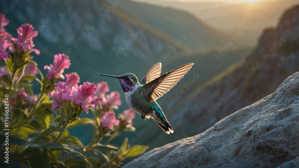 Naklejka premium A vibrant hummingbird hovering near colorful flowers in a serene mountain landscape at sunset