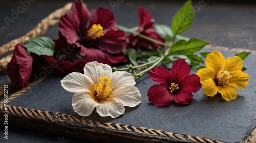 Vibrant hibiscus flowers in various colors arranged artistically on a dark slate surface