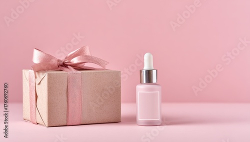 Gift box with ribbon and beauty serum on a pink background