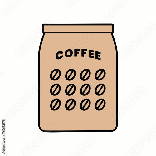 Minimalist flat vector design of a coffee packaging pouch with coffee bean pattern and modern typography on white background simple line art clean layout eco style
