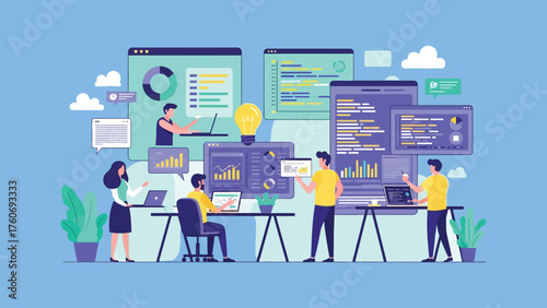 Team of developers working on software development and data analysis.