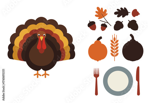 Thanksgiving Icons Turkey, Autumn Leaves, and More