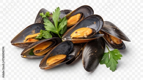 Fresh whole mussels isolated on white background