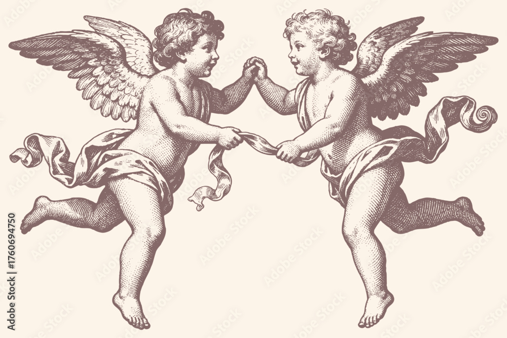 Fototapeta premium Vintage vector illustration of two flying cherubs or cupids holding hands. Classic engraving style art for themes of love, romance, and friendship.