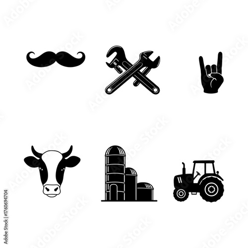 Illustration of a mustache, wrenches, hand gesture, cow, silo, and tractor in black and white style