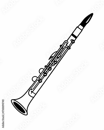 A bold silhouette of a saxophone with keys and mouthpiece on a stark white background creating contrast.Wind musical instrument silhouette isolated on white background.