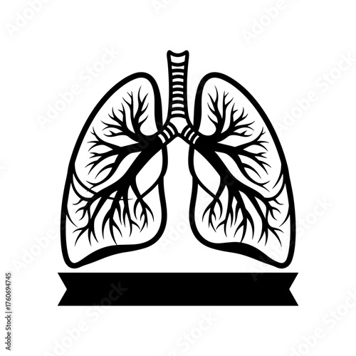 Illustration of human lungs with bronchial tree and a banner at the bottom in black and white color