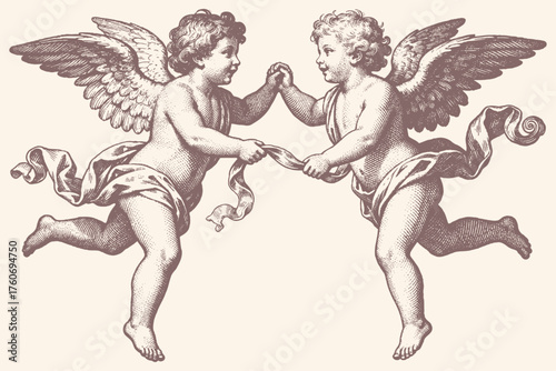 Vintage vector illustration of two flying cherubs or cupids holding hands. Classic engraving style art for themes of love, romance, and friendship.