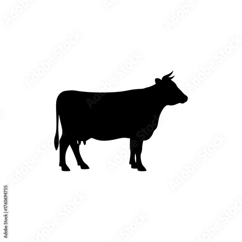 A silhouette of a standing dairy cow with visible udders and small horns against a white background plain