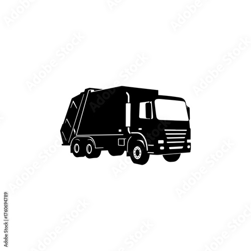 A black and white vector illustration of a garbage truck viewed from the side on a white background