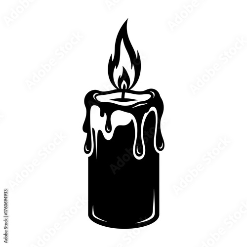 Illustration of a black candle with melting wax and a bright flame on a white background art
